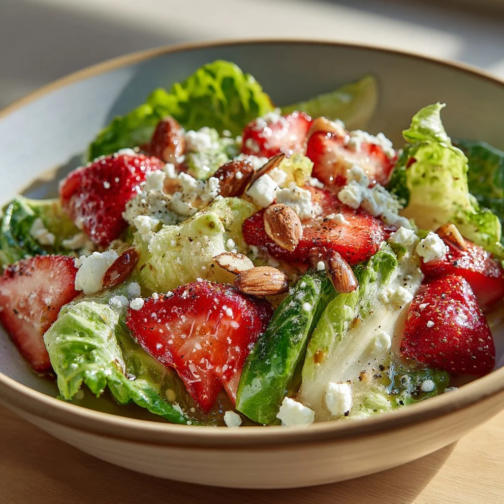 Crunchy strawberry romaine salad with feta and fresh ingredients