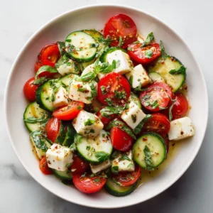 Cucumber Caprese Salad with fresh mozzarella, tomatoes, and basil.