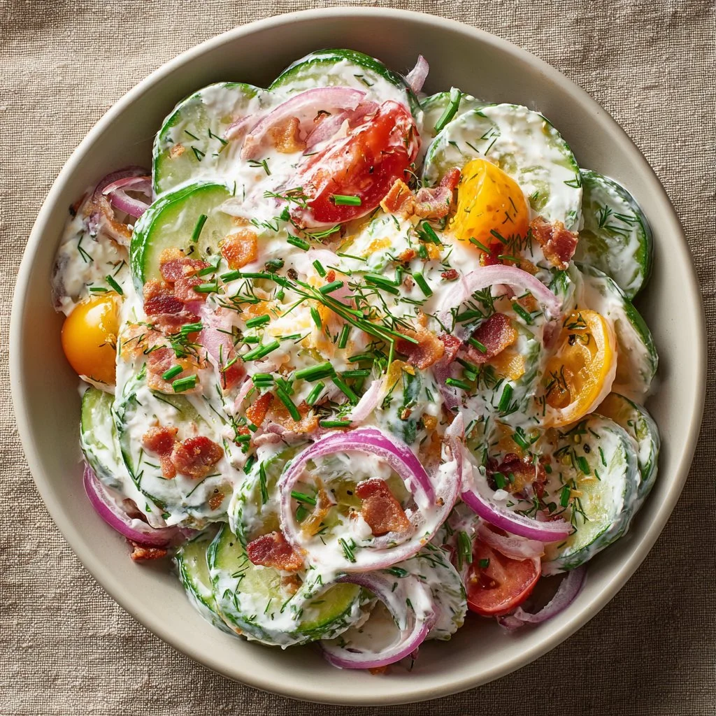Delicious Cucumber Ranch Crack Salad served in a bowl, garnished with fresh herbs.