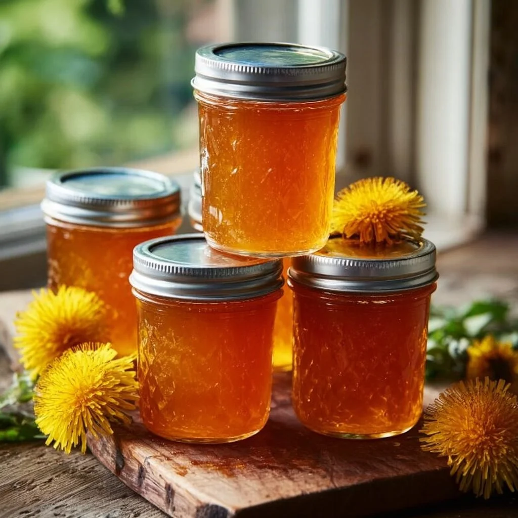 Homemade dandelion jelly in a jar with fresh dandelions