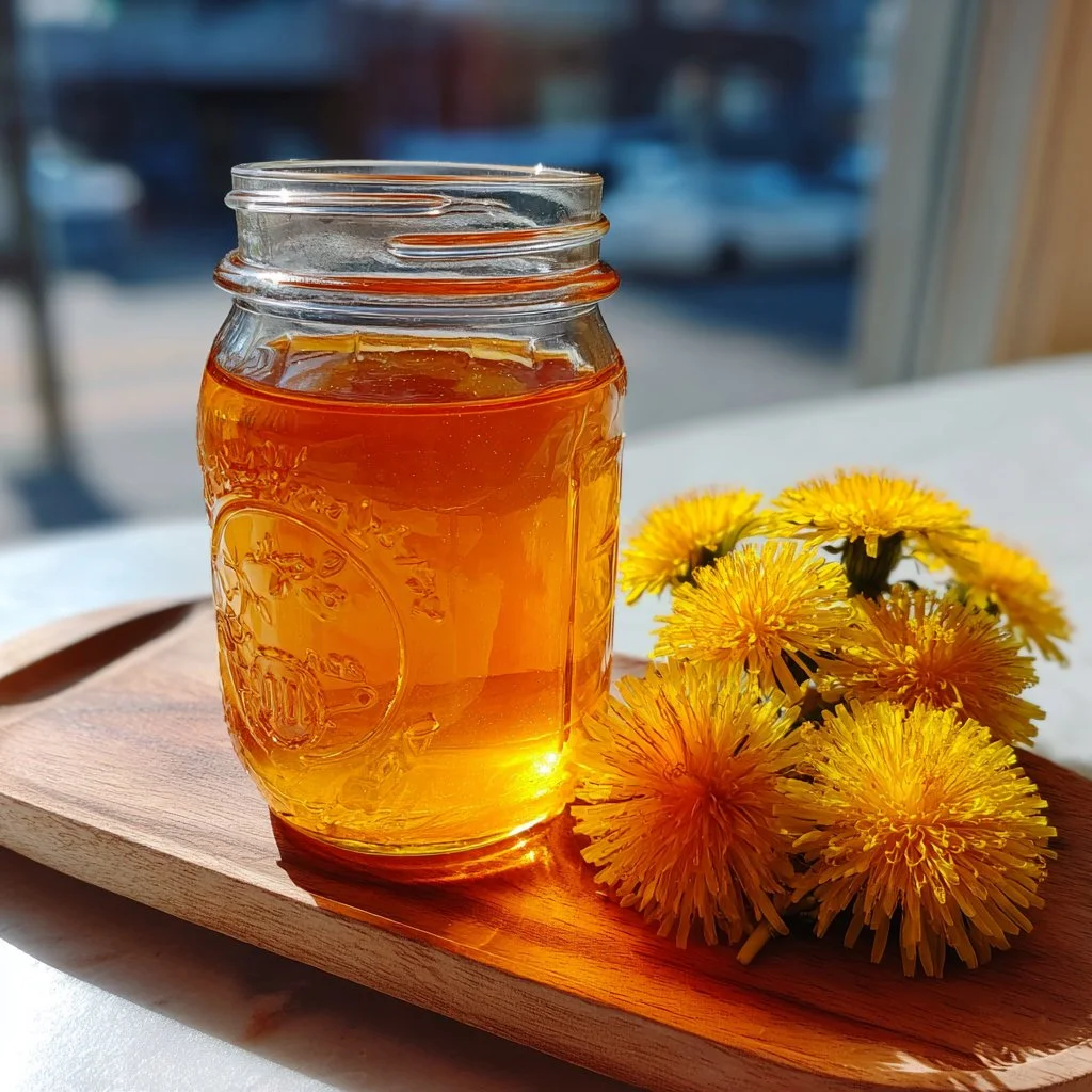 Homemade dandelion jelly made without pectin, showcasing its vibrant color and texture.