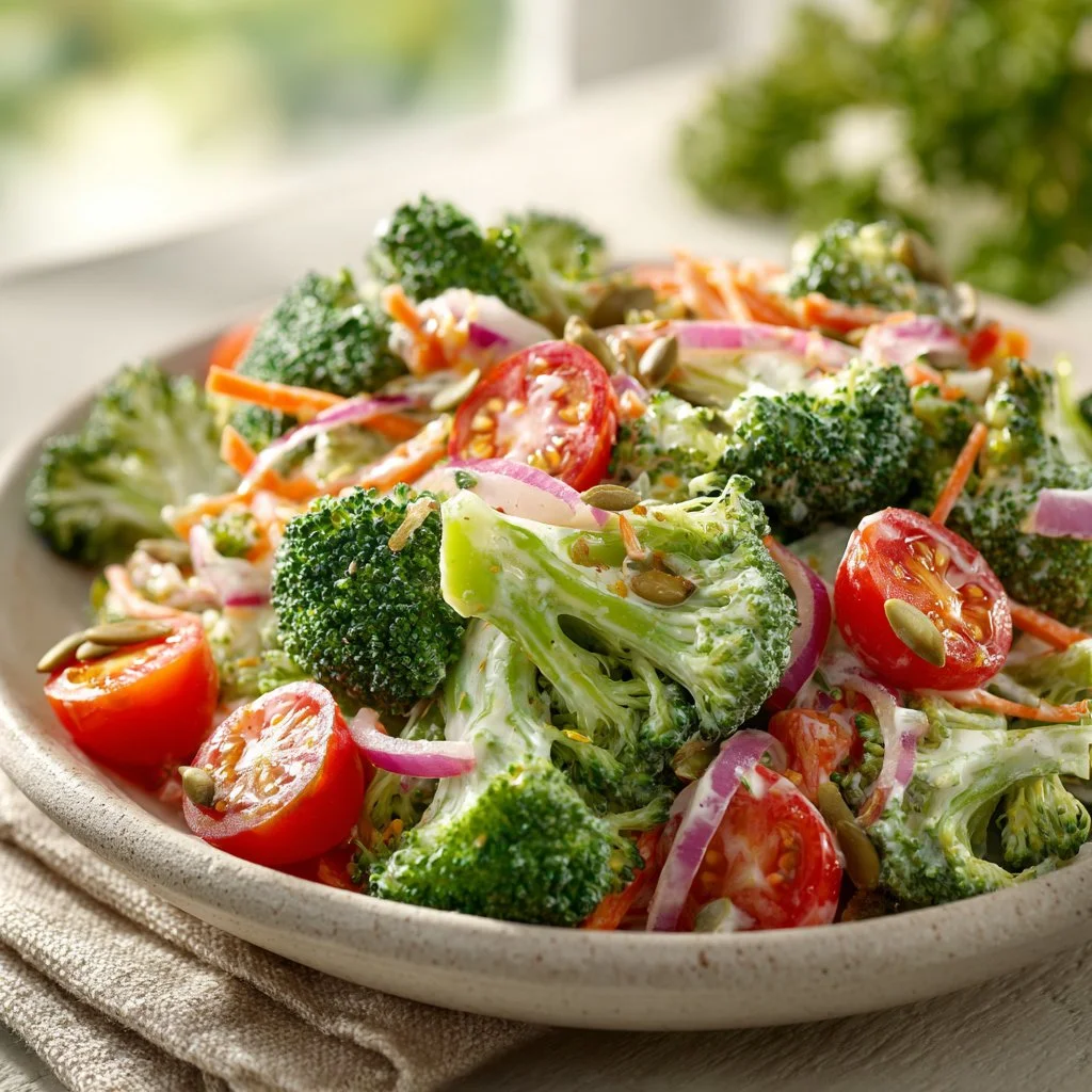 Bowl of delicious broccoli ranch salad with fresh vegetables and ranch dressing
