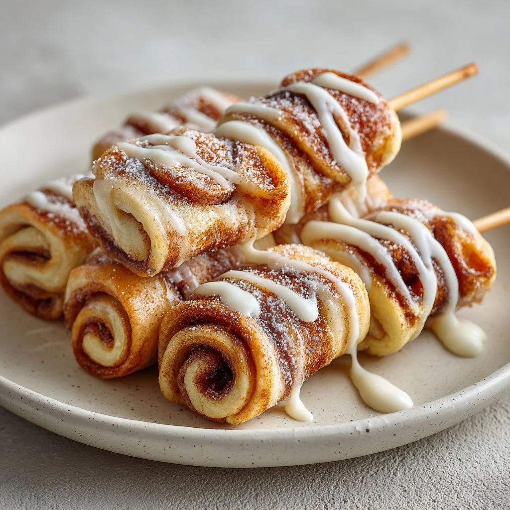 Campfire cinnamon roll-ups on a stick, a delicious outdoor treat.