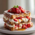 Strawberry cheesecake stuffed French toast topped with strawberries and syrup