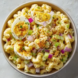 Delicious deviled egg macaroni salad served in a bowl