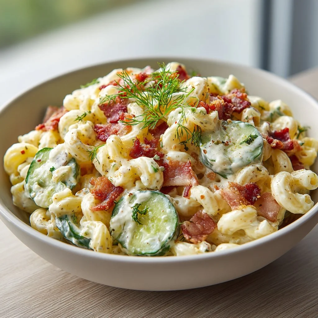 Dill Pickle Pasta Salad with bacon in a bowl, perfect for potlucks.