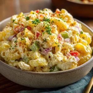Dolly Parton's macaroni salad served in a bowl, showcasing Southern comfort food.