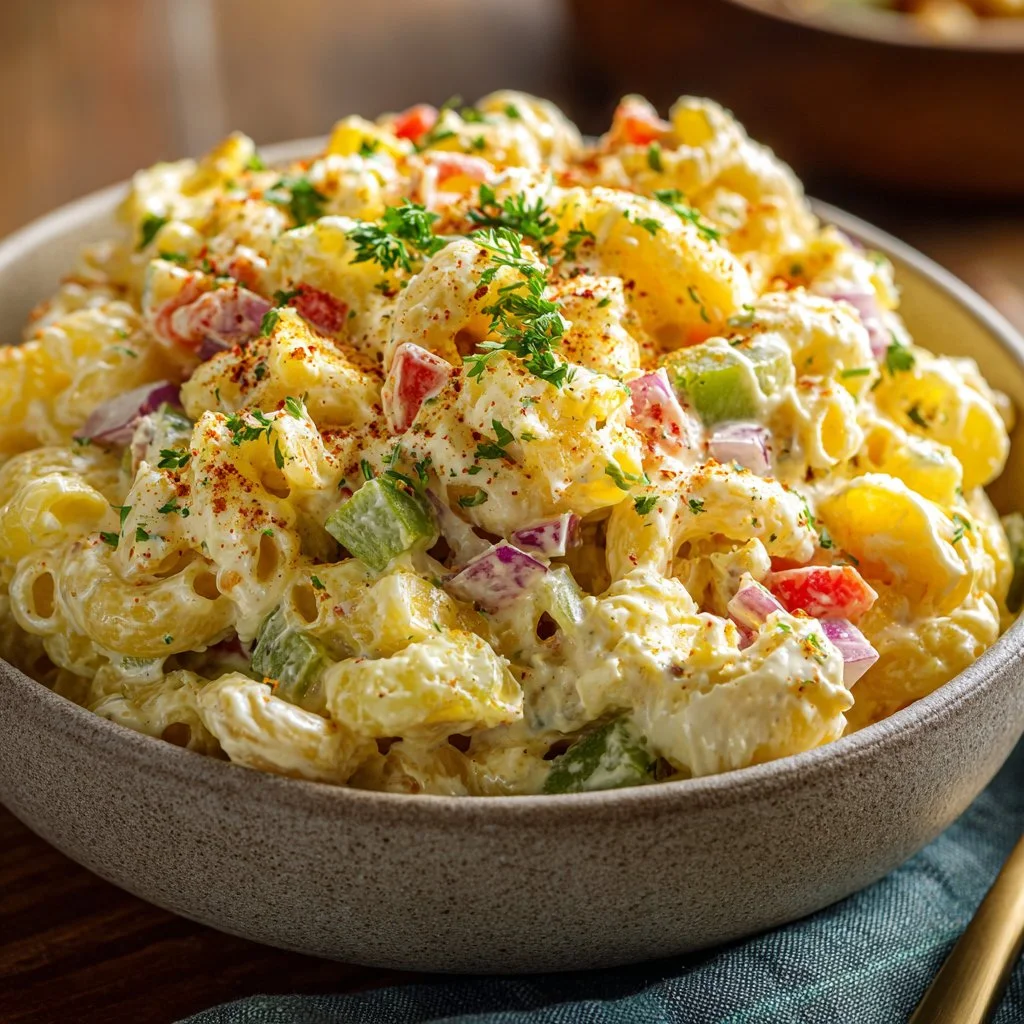 Dolly Parton's macaroni salad served in a bowl, showcasing Southern comfort food.