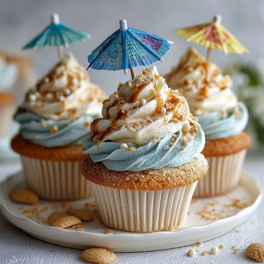 Colorful beach cupcakes with sand and ocean-themed decorations.