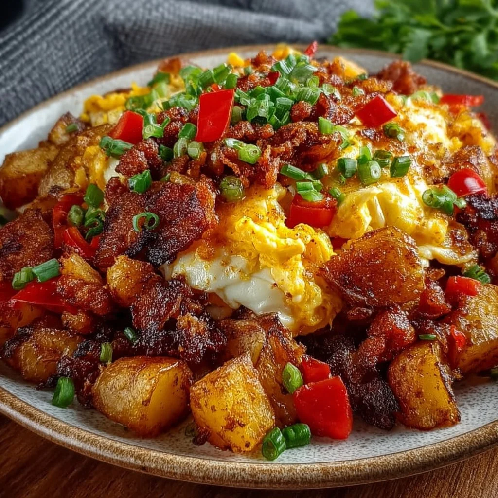 Easy breakfast hash with potatoes and crispy bacon on a plate