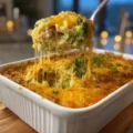 Deliciously creamy chicken broccoli rice casserole served in a baking dish