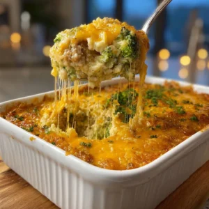 Deliciously creamy chicken broccoli rice casserole served in a baking dish