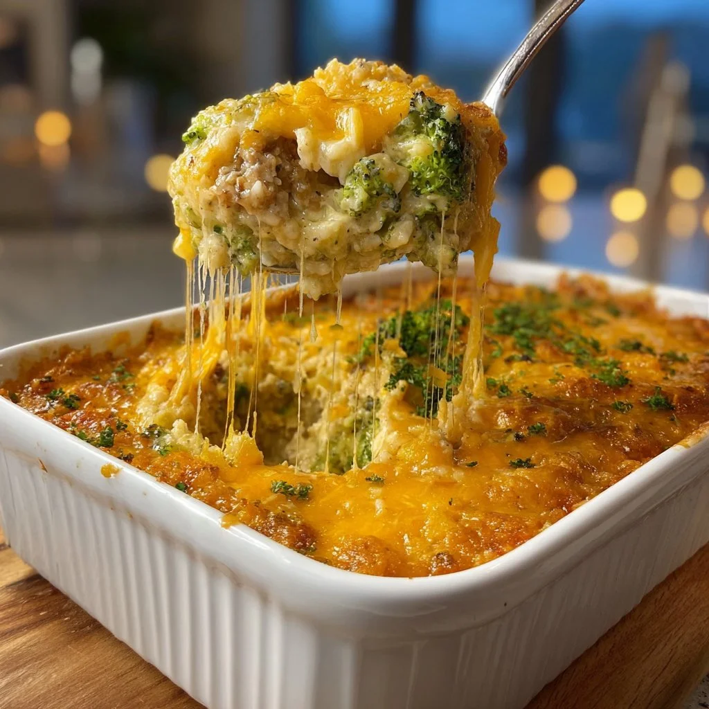 Deliciously creamy chicken broccoli rice casserole served in a baking dish
