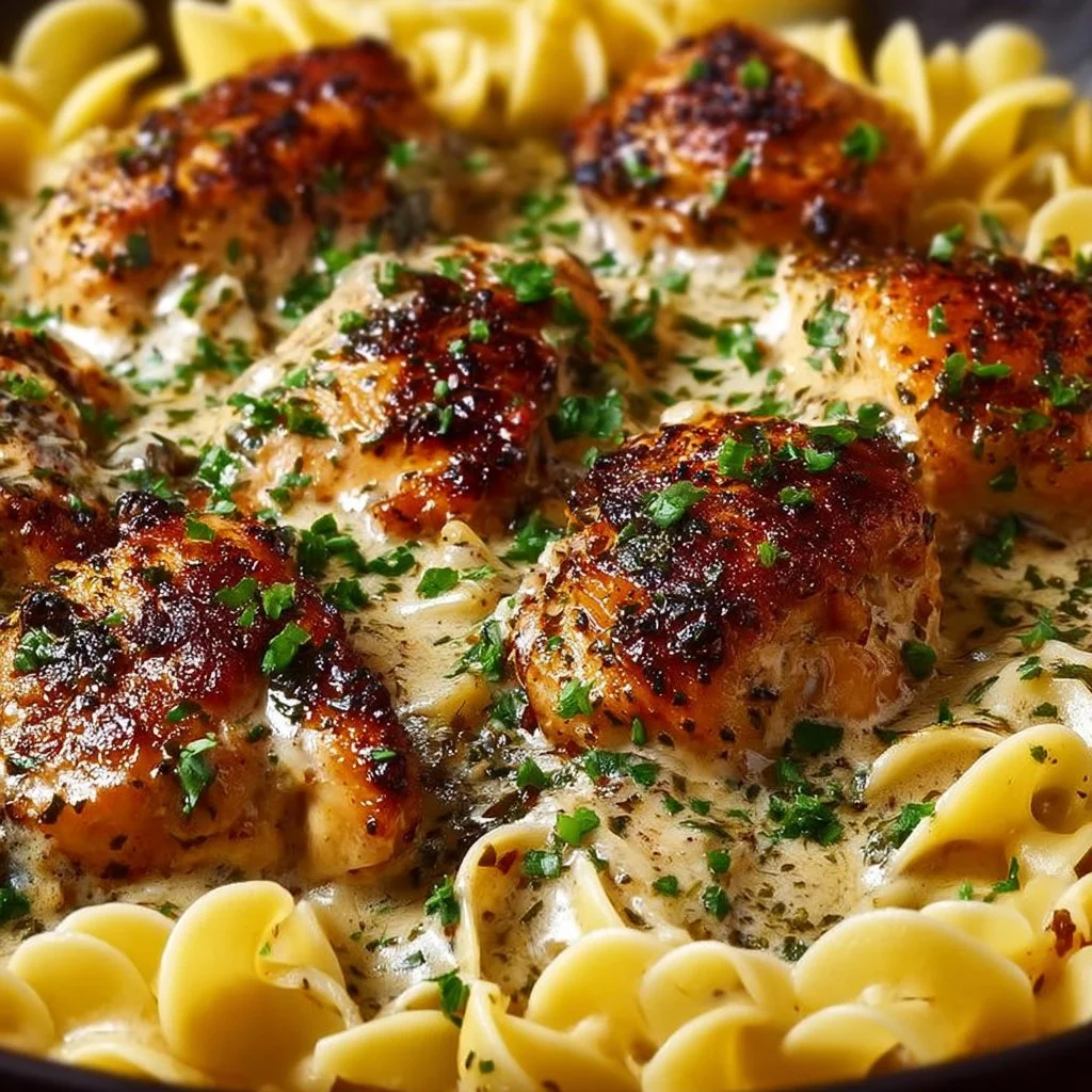 Creamy chicken garlic butter dish served with egg noodles in a one-pan recipe.