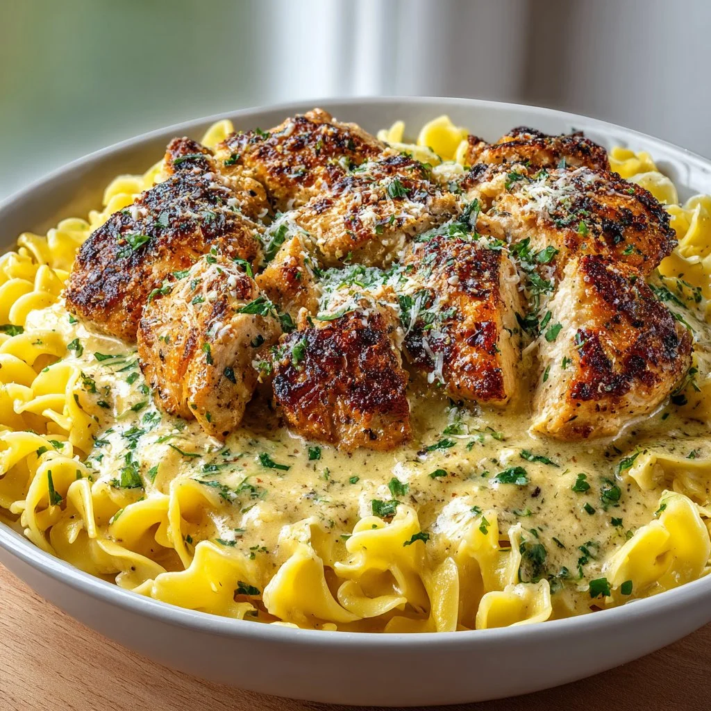 One-Pan Creamy Garlic Butter Chicken with Egg Noodles