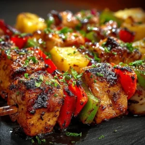 Delicious chicken pineapple kabobs skewers ready for grilling.