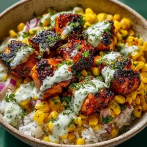 Easy Chicken Street Corn Rice Bowl recipe served in a bowl with fresh ingredients