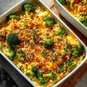 Creamy broccoli cheese rice casserole dish ready for serving