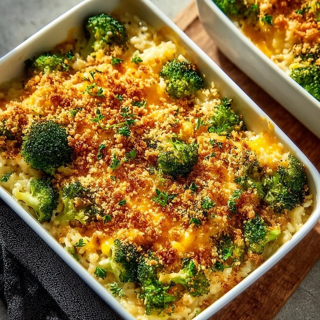 Creamy broccoli cheese rice casserole dish ready for serving