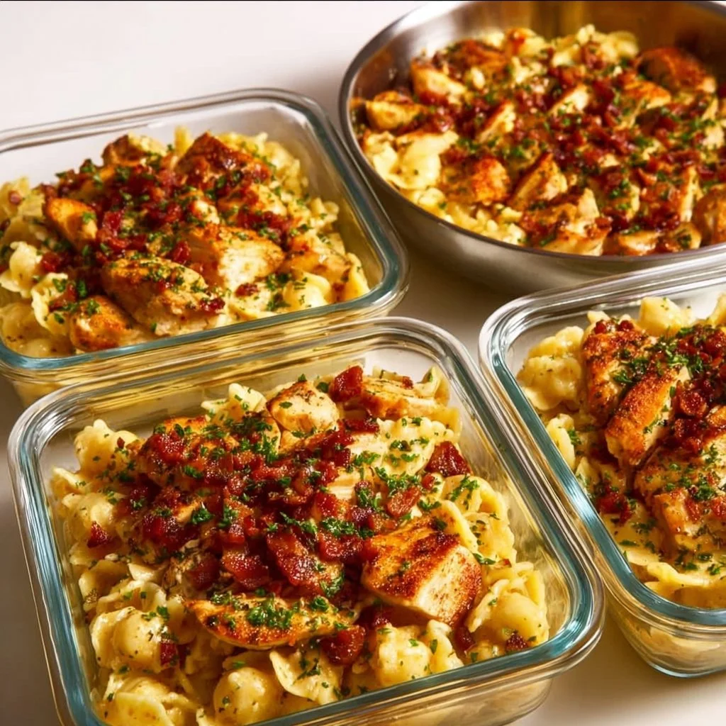 Easy creamy chicken pasta with crispy bacon ranch sauce served in a bowl