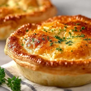 Easy creamy chicken pot pie with buttery crescent rolls on a dinner table