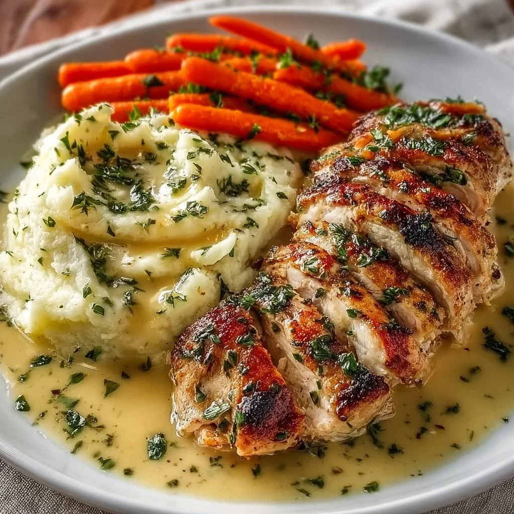 Easy creamy chicken served with mashed potatoes and glazed carrots