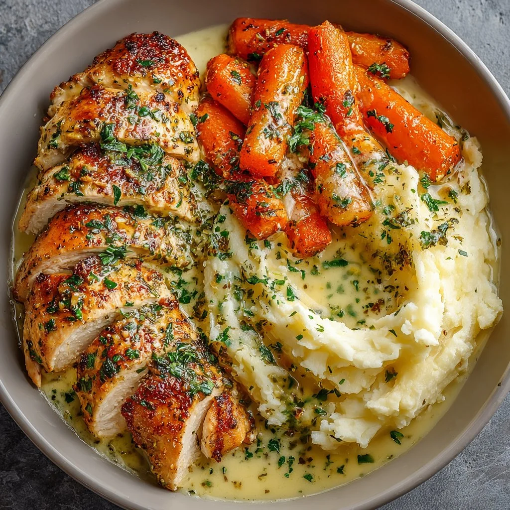 Creamy Herb Chicken with Mashed Potatoes and Glazed Carrots
