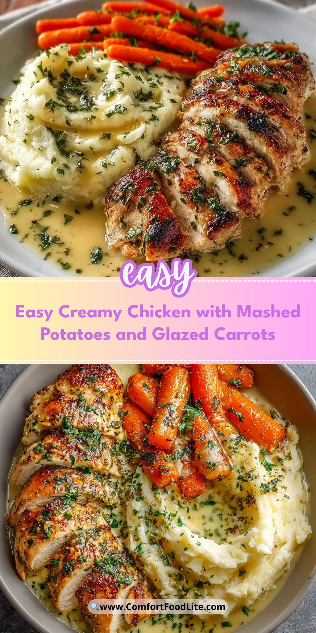 Easy Creamy Chicken with Mashed Potatoes and Glazed Carrots