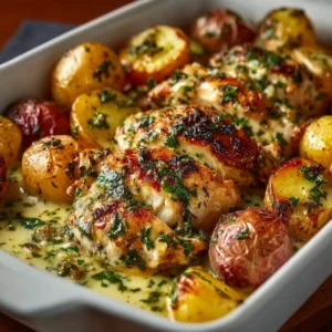 Creamy herb chicken skillet dinner with vegetables in a frying pan