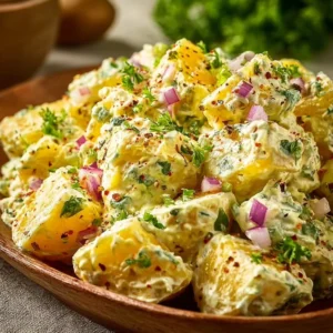 Bowl of easy creamy potato salad, perfect for lightweight entertaining