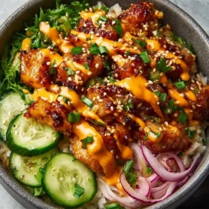 Easy crispy chicken with spicy creamy sauce served over jasmine rice