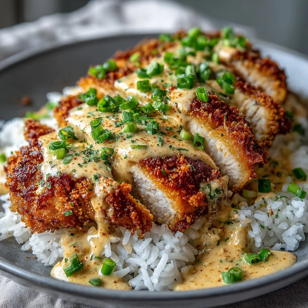Crispy Chicken with Spicy Creamy Sauce over Jasmine Rice