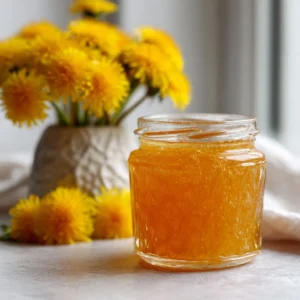 Jar of easy fresh dandelion jelly on a wooden table