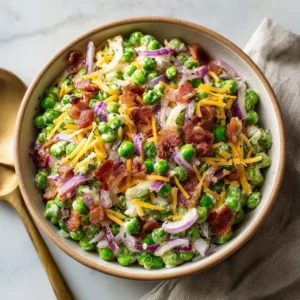 Easy green pea salad with bacon and cheese in a bowl