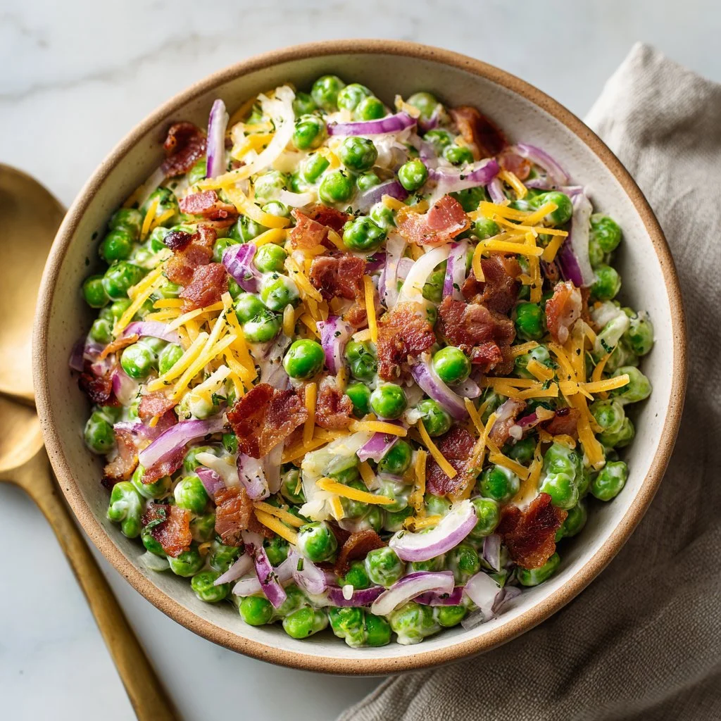 Easy green pea salad with bacon and cheese in a bowl