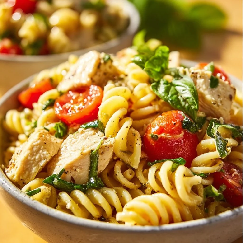 Easy Italian chicken pasta salad with fresh ingredients on a dinner plate