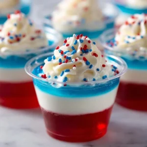 Red, white, and blue jello cups for summer party treats