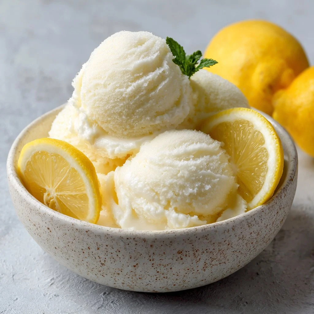 Bowl of homemade easy lemon sorbet garnished with lemon slices and mint.