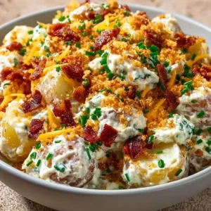 Bowl of easy loaded potato salad with creamy light mayo dressing