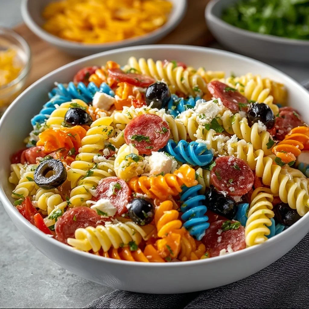 Colorful easy pasta salad for Fourth of July barbecue, featuring fresh vegetables and dressing.