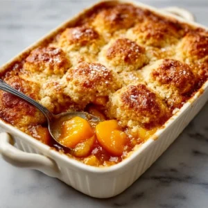 Delicious homemade peach cobbler topped with golden crust.