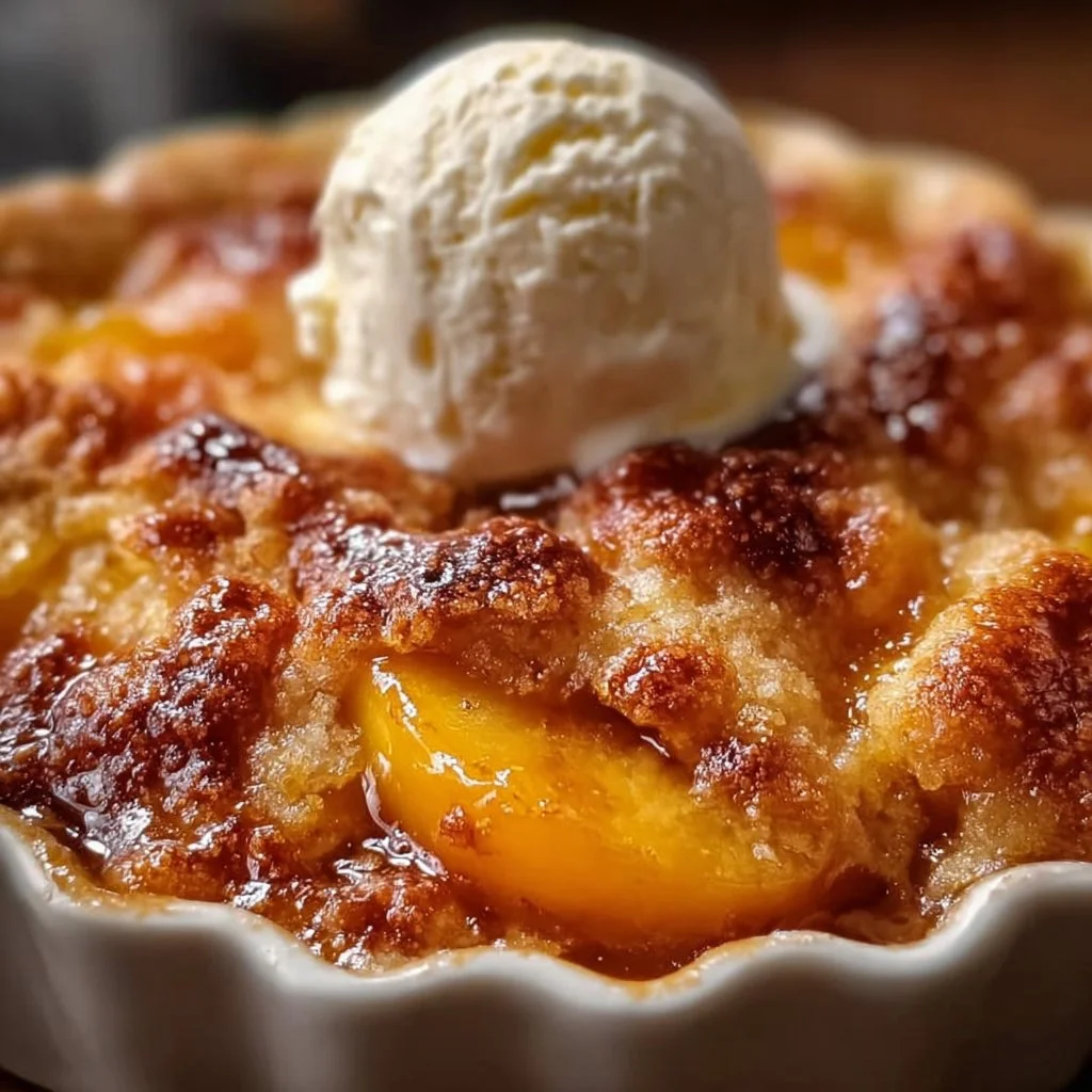 Delicious homemade peach cobbler served in a bowl with fresh peaches on the side.