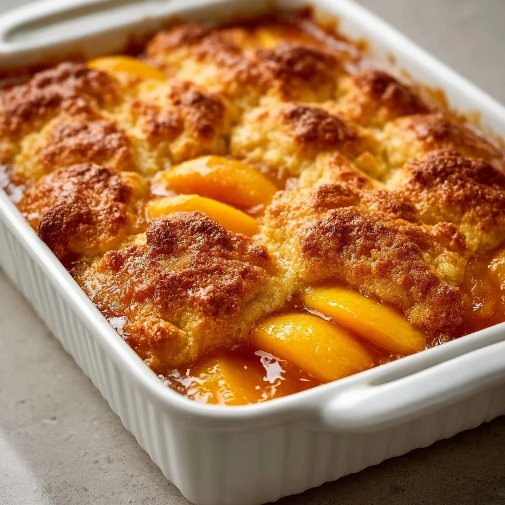 Delicious easy peach cobbler made with canned peaches for a comforting dessert