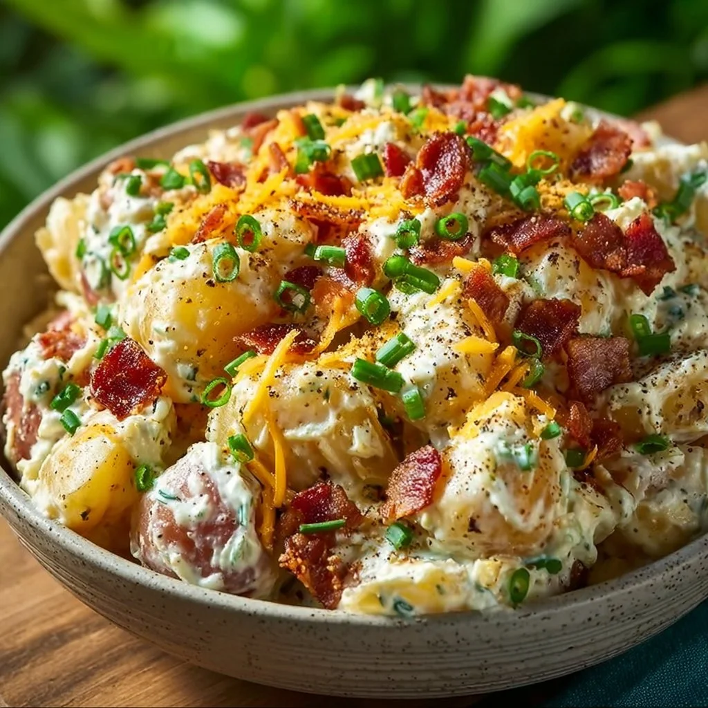 Easy potato salad with cheddar, bacon, and ranch in a bowl