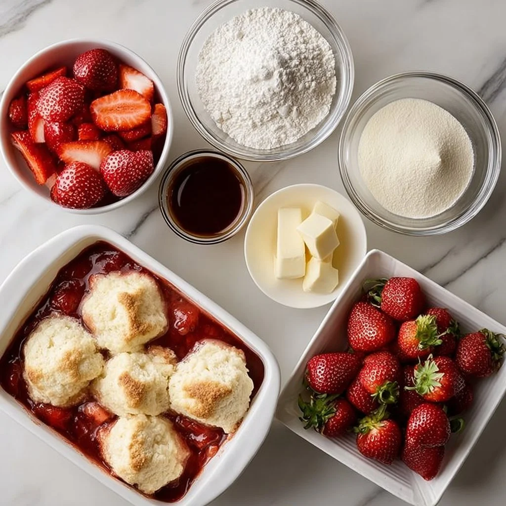 Delicious strawberry cream cheese cobbler with fresh berries and creamy topping
