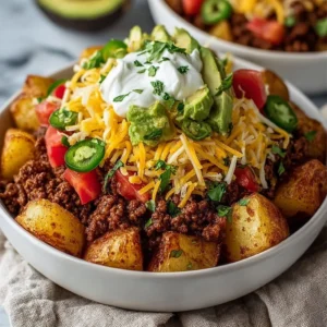 Easy Taco Loaded Potato Bowl with creamy cheese and fresh veggies