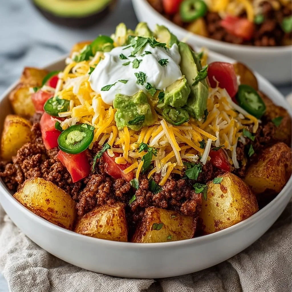Easy Taco Loaded Potato Bowl with creamy cheese and fresh veggies