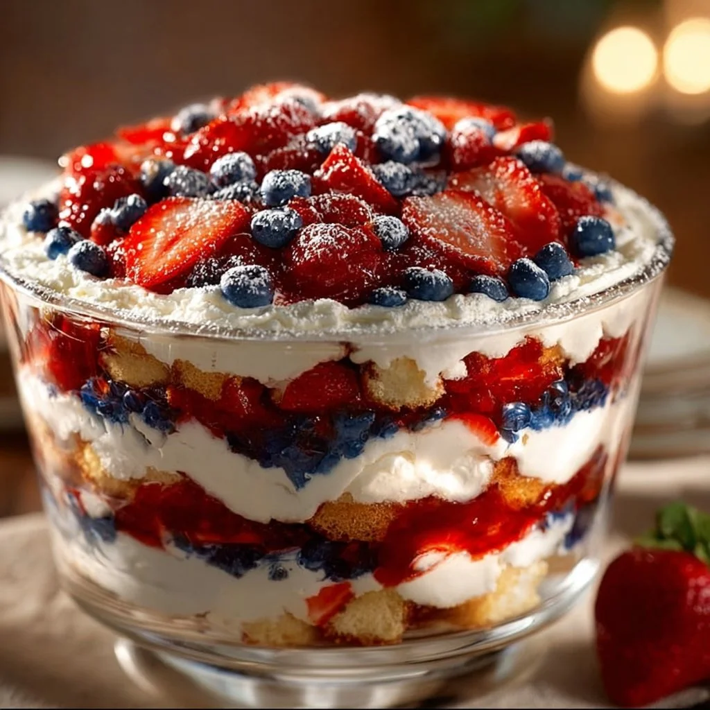 No bake trifle with layers of red, white, and blueberries for a festive celebration