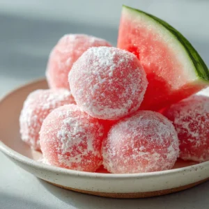 Delicious watermelon mochi on a plate, showcasing its soft and chewy texture.