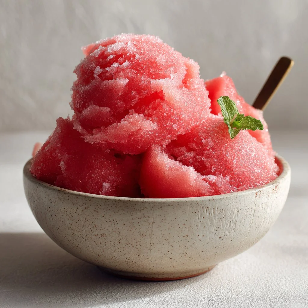 Bowl of homemade watermelon sorbet served in summer.